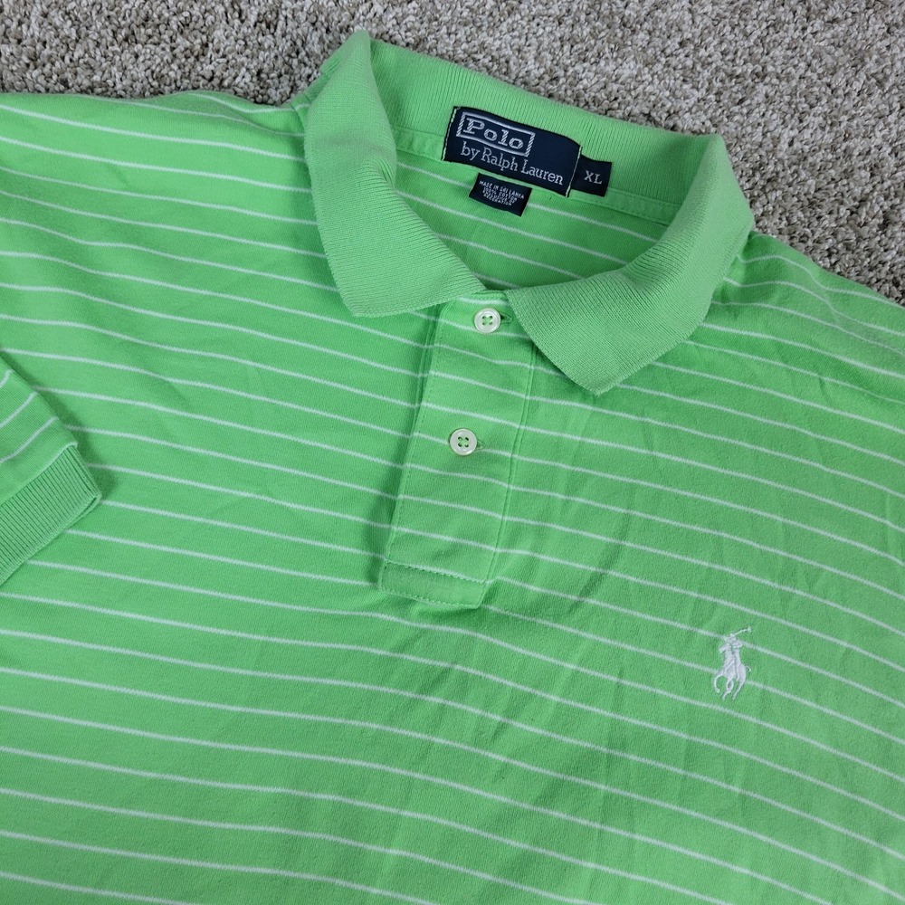 Vintage Polo Ralph Lauren Mens XL Green White Striped Pony Stretch Knit SS